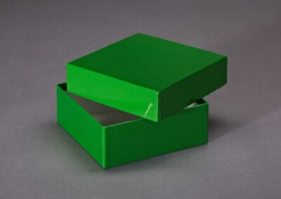 Grüner Stülpdeckelkarton mit Deckel.